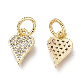 Brass Micro Pave Clear Cubic Zirconia Charms, with Jump Rings, Long-Lasting Plated, Heart
