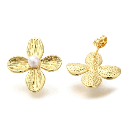 Серьги-гвоздики из латуни с покрытием из цветочной стойки, с абс пластмассовой имитационной жемчужиной, долговечный, без кадмия и без свинца