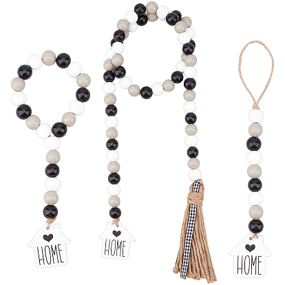 3Pcs 3 Style Wooden Beaded Garland, Pendant Decoration, Wall Hanging Prayer Beads, with House-shape Pendant and Jute Tassel