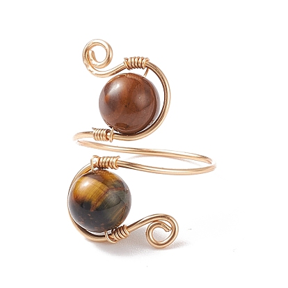 Round Gemstone Braided Open Cuff Ring, Copper Wire Wrap Jewelry for Women, Golden