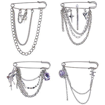 4шт. 4 стили звездчатой булавки из сплава, Декоративные кисточки для костюма, цепочка для одежды