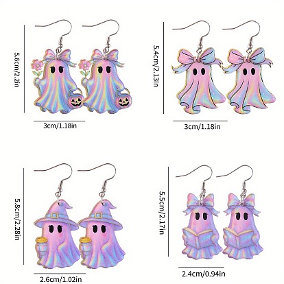 4 пары акриловых сережек-подвесок в виде привидения, платина