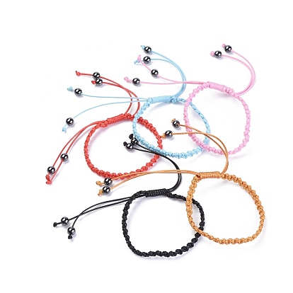 Pulseras ajustables de cordón trenzado de poliéster encerado, con los granos de hematita sintéticos no magnéticos