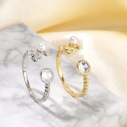 Кольца-манжеты из латуни с микропаве из кубического циркония для женщин в виде дельфина, с ABS имитации жемчуга, без свинца и без кадмия