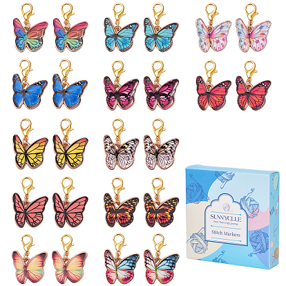 2наборы подвесных украшений в виде бабочек из сплава с эмалью, Подвески с застежками-когтями омара для украшения сумок, с 1кольцами-подвесками из латуни для бокалов из поликарбоната