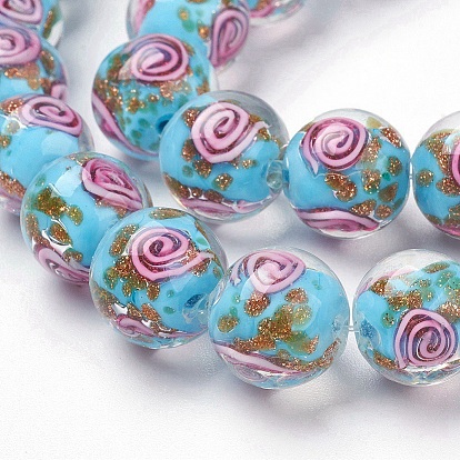 Handmade Gold Sand Lampwork Beads Strands, Round, Vortex Pattern