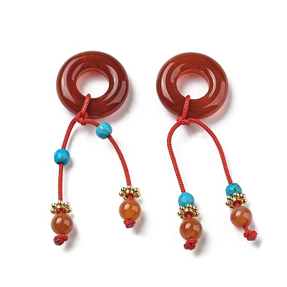 Natural Red Agate Donut Pendants, Ring Charms with Faceted Synthetic Turquoise Tassel