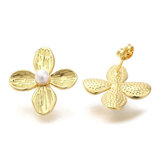 Серьги-гвоздики из латуни с покрытием из цветочной стойки, с абс пластмассовой имитационной жемчужиной, долговечный, без кадмия и без свинца