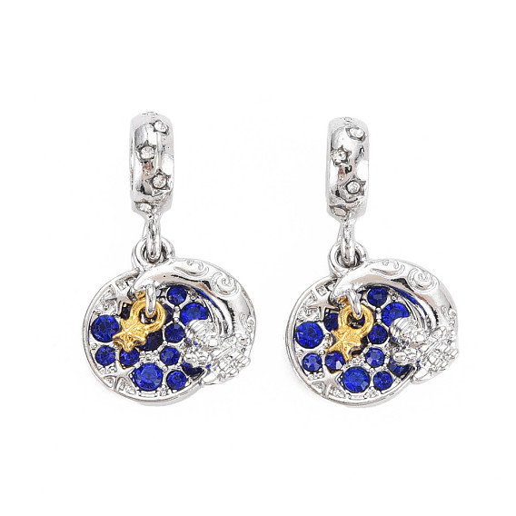 Rack Plating Alloy European Dangle Charms, with Rhinestone, Large Hole Beads, Cadmium Free & Nickel Free & Lead Free, Flat Round with Moon, Platinum