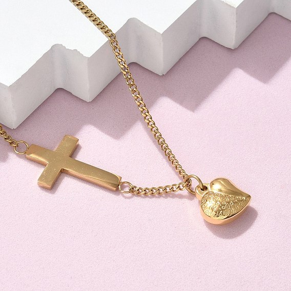 304 ожерелья из витой цепи с подвеской в виде креста и сердца из нержавеющей стали, ионное покрытие (ip)