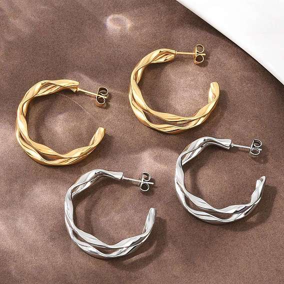 304 двухслойные серьги-гвоздики в форме буквы С из нержавеющей стали, ручная полировка