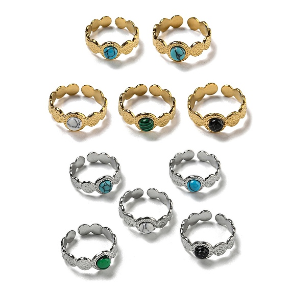 304 открытые манжеты из нержавеющей стали, Кольца на круглые пальцы с синтетическим малахитом и бирюзой для женщин и мужчин