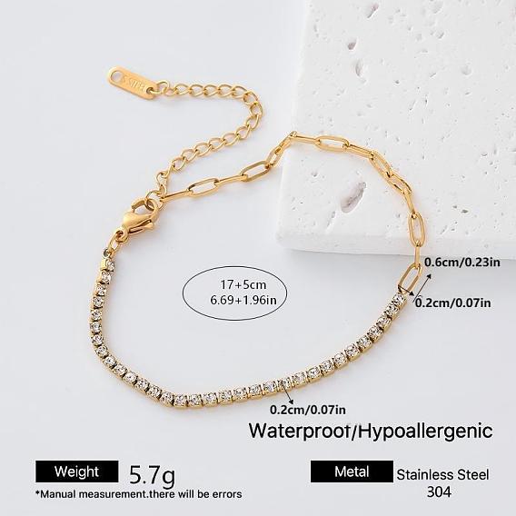 304 Stainless Steel Crystal Rhinestone Tennis Chain Paperclip Chain Bracelets for Women