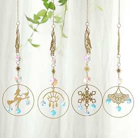 Glass Pendant Decorations, Suncatchers, with Alloy Findings, Witch/Leaf/Snowflake/Eye