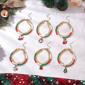 6шт 6 стили рождественские сплав эмалированные многорядные браслеты для женщин, с застежками-карабинами из цинкового сплава и бисера