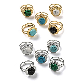 304 Stainless Steel Open Cuff Rings, Synthetic Malachite & Turquoise Round Finger Rings for Women Men