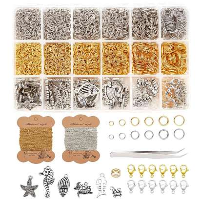 DIY Ocean Theme Jewelry Findings Kits, include Iron Jump Rings & Cable Chains, Alloy Pendants & Lobster Claw Clasps, 304 Stainless Steel Beading Tweezers, Brass Assistant Tool