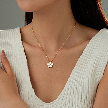 Stainless Steel Cable Chain Necklaces, Shell Flower Pendant Necklace for Women