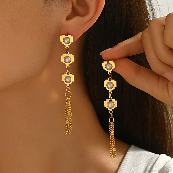 Серьги-гвоздики с кисточками в форме сердца из нержавеющей стали, с имитацией жемчуга