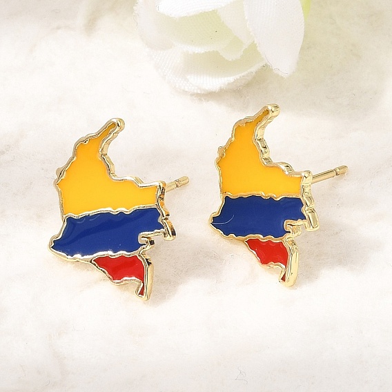 Brass Enamel Stud Earrings, Map, Rack Plating, Long-Lasting Plated, Cadmium Free & Lead Free