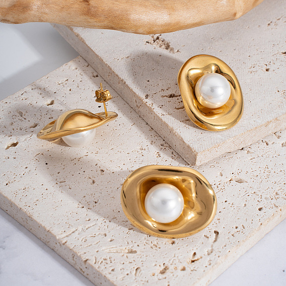 Винтажные 304 овальные серьги-гвоздики из нержавеющей стали для женщин, с имитацией жемчуга