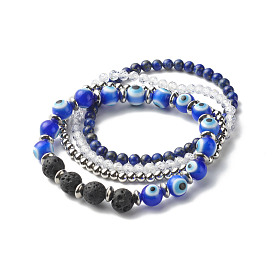 Evil Eye Handmade Lampwork Stretch Bracelets Set, Oil Diffuser Natural Lava Rock & Natural Lapis Lazuli Bracelets