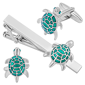 Запонки из нержавеющей стали и зажимы для галстука из латуни с эмалью., черепаха