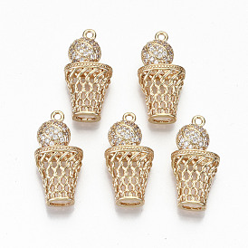 Brass Micro Pave Cubic Zirconia Pendants, Light Gold, Long-Lasting Plated, Cadmium Free & Lead Free, Basketball with Basketry