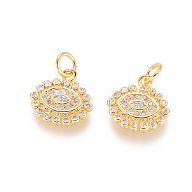 Brass Micro Pave Clear Cubic Zirconia Charms, with Jump Rings, Long-Lasting Plated, Evil Eye