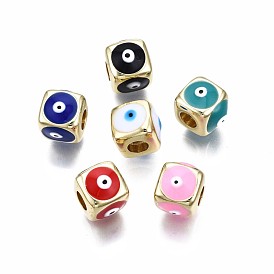 Brass European Beads, with Enamel, Large Hole Beads, Real 18K Gold Plated, Nickel Free, Cube with Evil Eye
