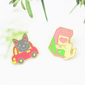 Adorable Cartoon Animal Brooches: Cute Grey Cat Carrying Hearts, Playing Games and Enjoying Scenery on a Miniature Car