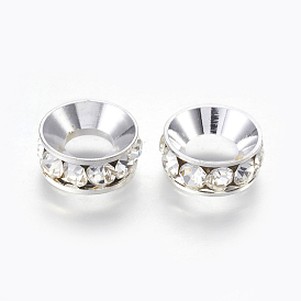 Silver Plated Brass Rhinestone Spacer Beads, Long-Lasting Plated, Flat Round