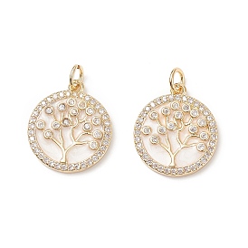 Brass Micro Pave Clear Cubic Zirconia Pendants, Long-Lasting Plated, with Jump Rings & Floral White Enamel, Flat Round with Tree of Life