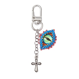 Evil Eye Glass Seed Loom & Cross Alloy Pendant Decoration, Swivel Lobster Claw Clasps for Bag Ornaments