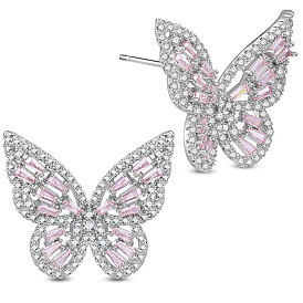 SHEGRACE Brass Stud Earrings, with Grade AAA Cubic Zirconia and 925 Sterling Silver Pins, Butterfly