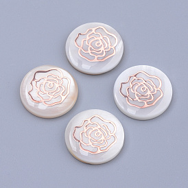Freshwater Shell Cabochons, with Iron Findings, Flat Round with Flower, Rose Gold