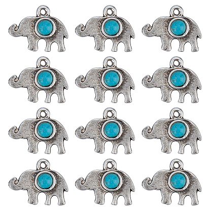 20Pcs Tibetan Style Alloy Charms, with Synthetic Turquoise, Cadmium Free & Nickel Free & Lead Free, Elephant