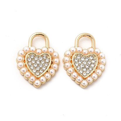 Alloy Rhinestone Pendants, with ABS Plastic Imitation Pearl Beads, Golden Tone Heart Charms