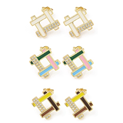 Hohle rautenförmige Ohrstecker aus goldenem Messing, mit Emaille und Zirkonia