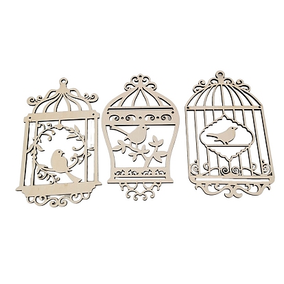 Unfinished Wood Birdcage Pendants Decorations, Hemp Rope Home Hanging Ornaments
