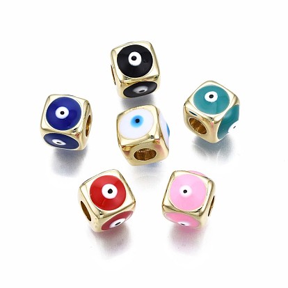 Brass European Beads, with Enamel, Large Hole Beads, Real 18K Gold Plated, Nickel Free, Cube with Evil Eye