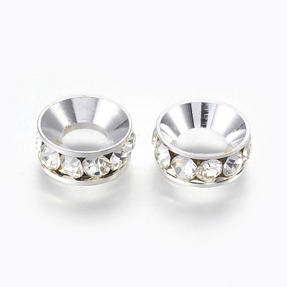 Silver Plated Brass Rhinestone Spacer Beads, Long-Lasting Plated, Flat Round