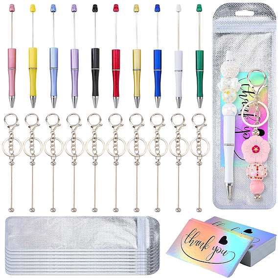 DIY Beadable Keychain Pens Making Kits, include 10Pcs 10 Styles Plastic Beadable Pens, 1Pc Alloy Key Rings, 1Pc Iron Bar Beadable Keychain, 20Pcs Laser Paper Card, 20Pcs Plastic Bags