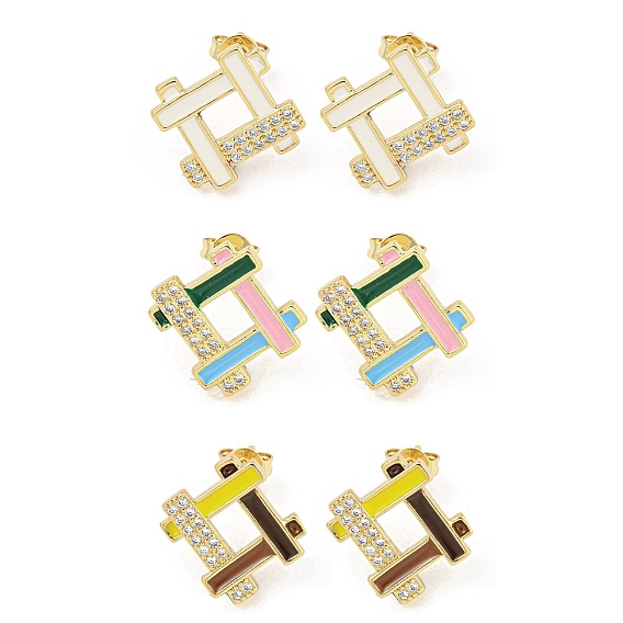 Hollow Rhombus Golden Brass Stud Earrings, with Enamel and Cubic Zirconia