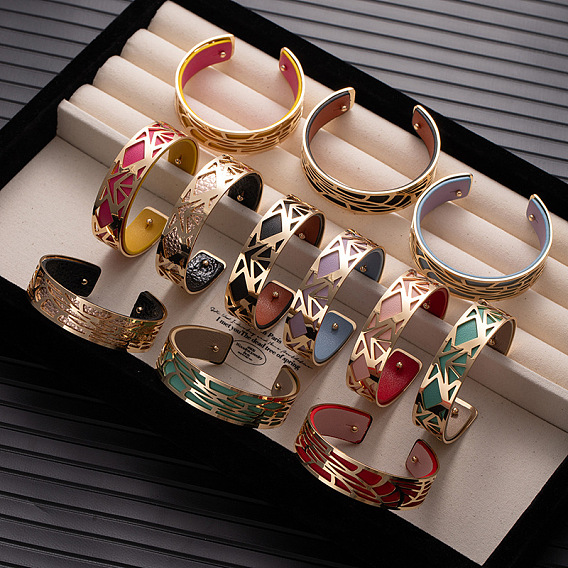 Браслеты-манжеты из нержавеющей стали и искусственной кожи с ажурной отделкой, широкие браслеты для женщин, геометрический, золотые