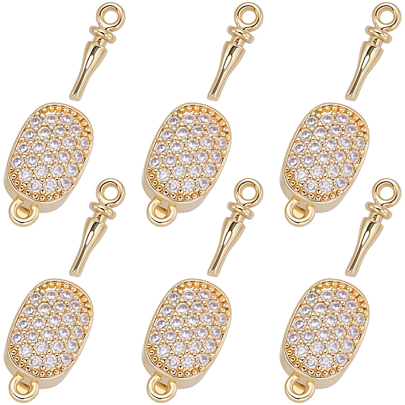 6 шт. латунные застежки-коробочки с микропаве из прозрачного кубического циркония, со стеклом, овальные