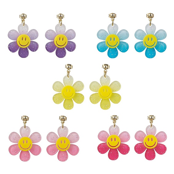 Sunflower with Smiling Acrylic Dangle Stud Earrings