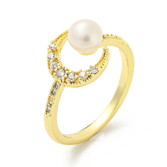 Crescent Moon Brass Micro Pave Cubic Zirconia Open Cuff Rings, with Natural Pearl