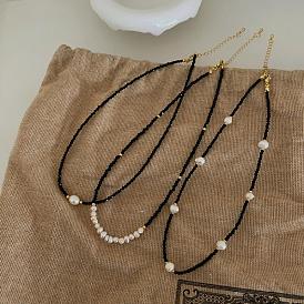 Vintage Natural Freshwater Pearl & Glass Beaded necklaces, Golden Plated Brass Jewelry for Women