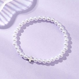 АБС-пластик имитация жемчужных бусин эластичные браслеты, украшения из латуни для женщин, круглый и крест, платина